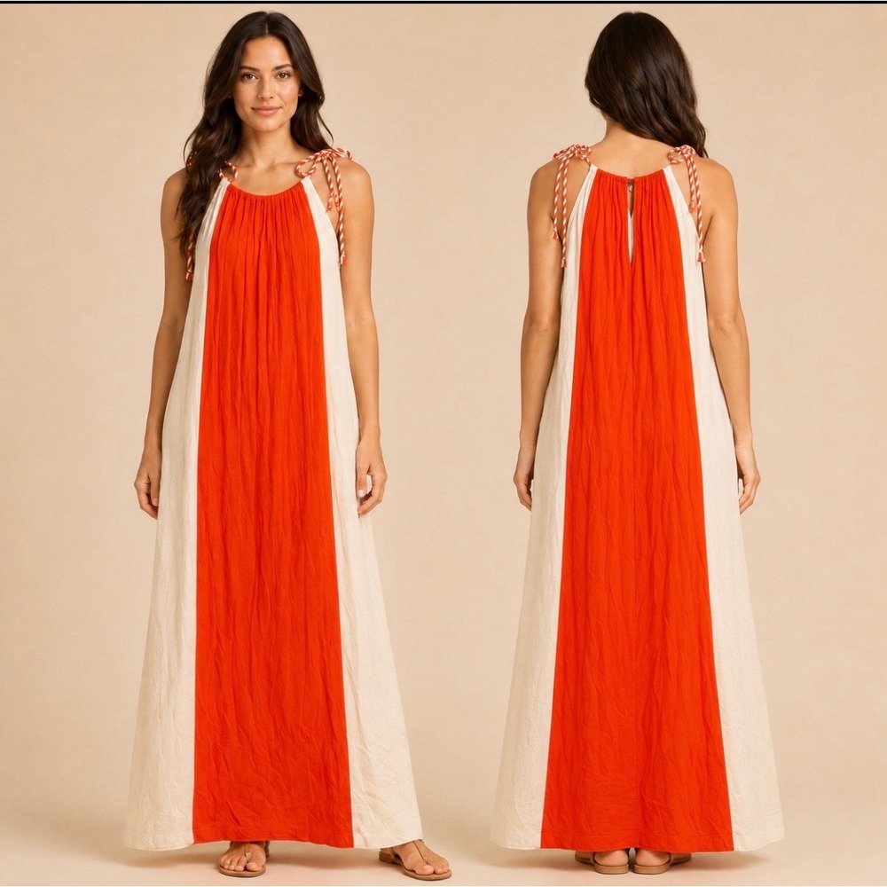 Ella Moss Orange Cream Colorblock Halter Maxi Dress Size M NWT $248 Boho